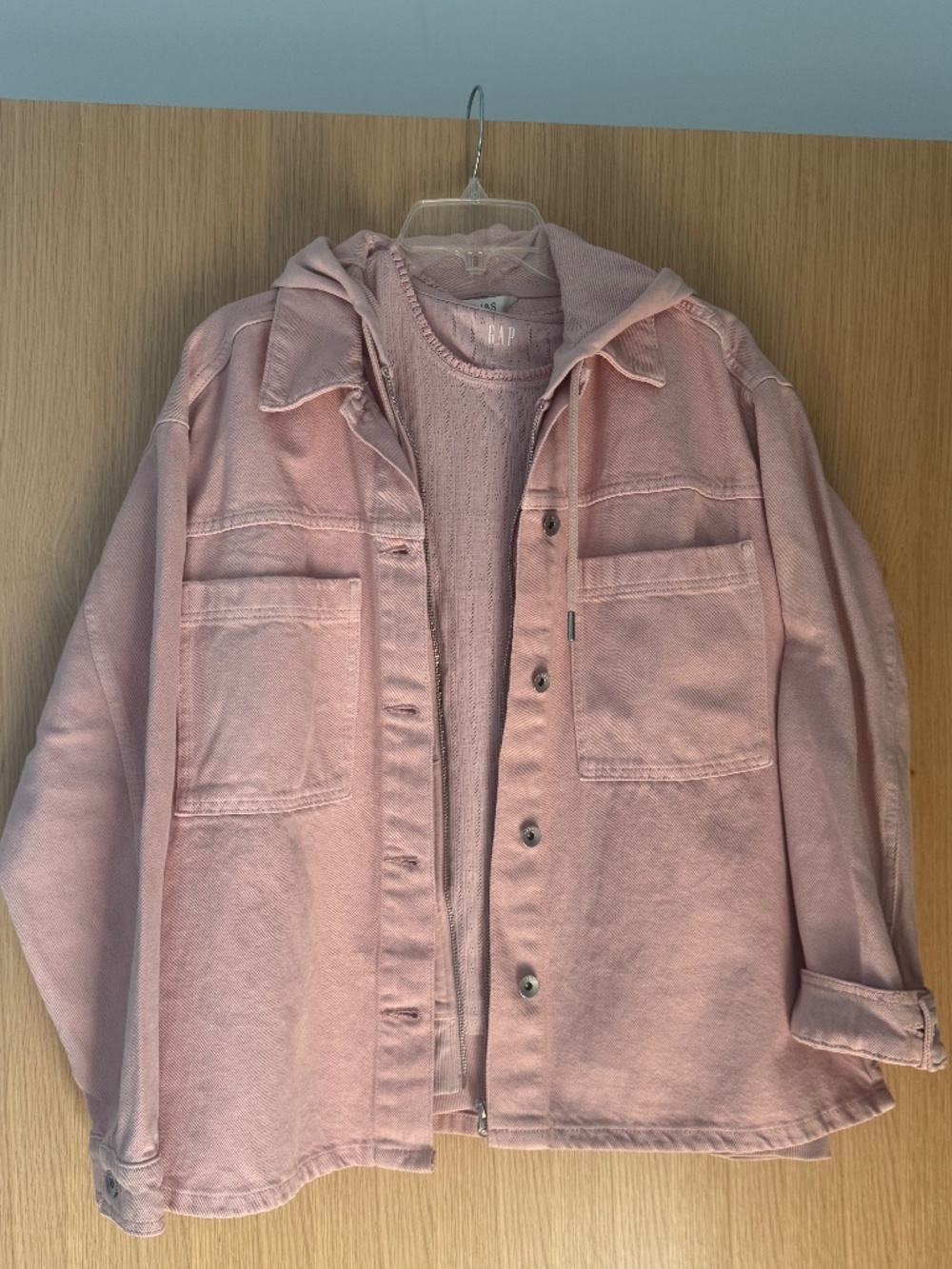 Blush denim jacket, hoodie and tank